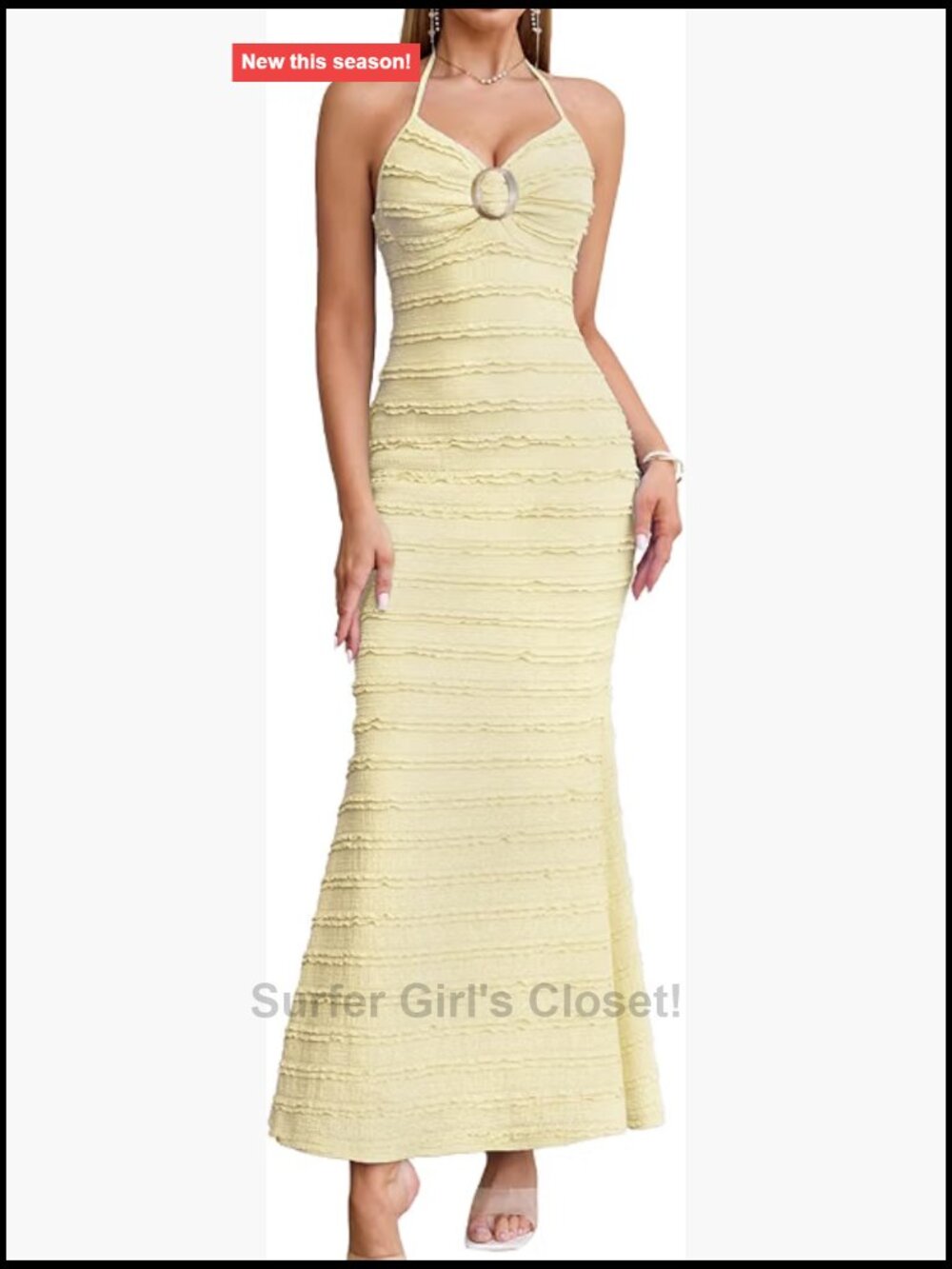 Ruffle Bodycon Maxi Dress Halter V Neck Sleeveless Wedding Guest Summer